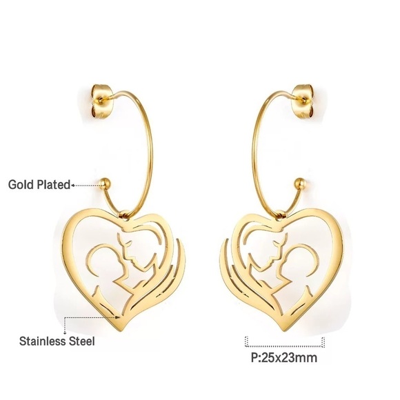 18k Gold Plated Heart Hollow Motherly Love Earrings - Picture 3 of 6